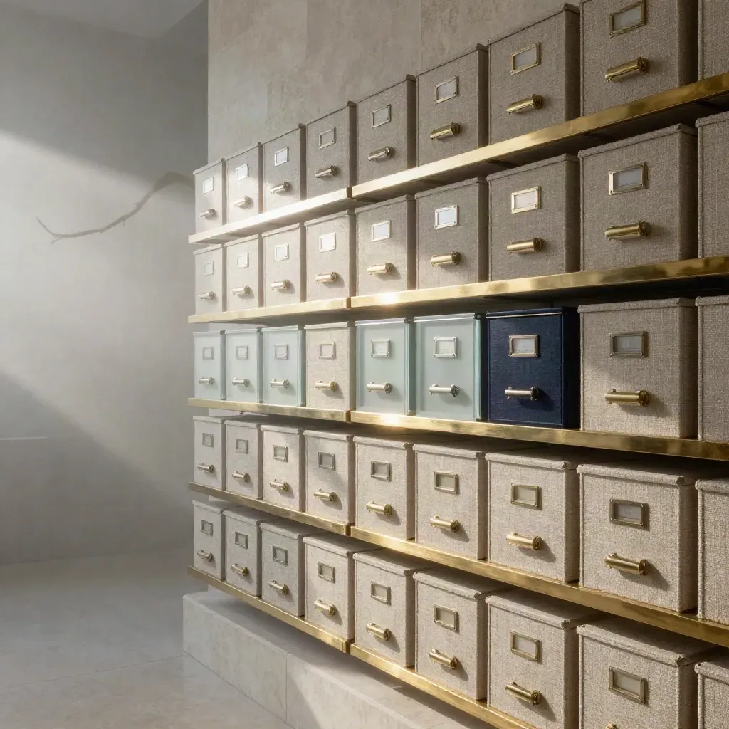 Archive wall of linen dossier boxes, frosted glass fins and brass rails in dawn mist.