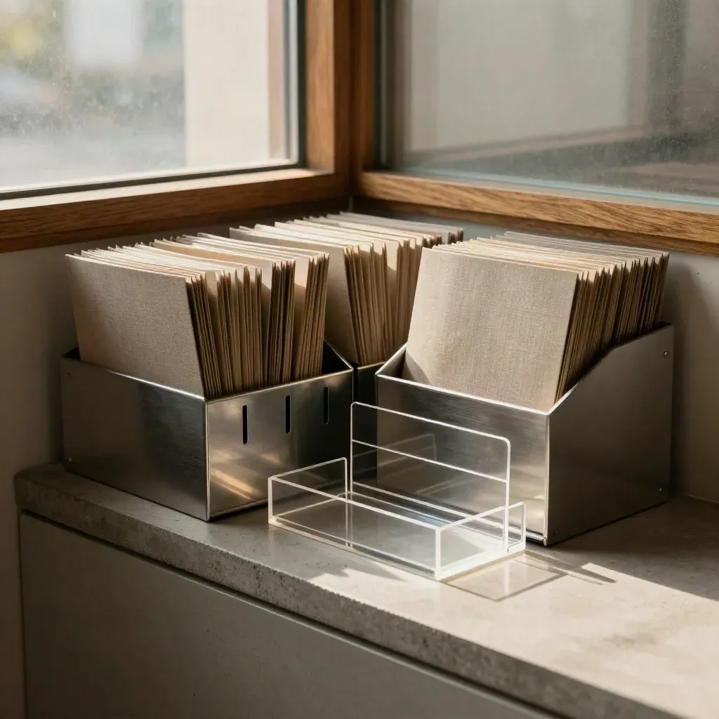 Closed dossier trays and steel sorter in a softly lit recruitment archive corner.