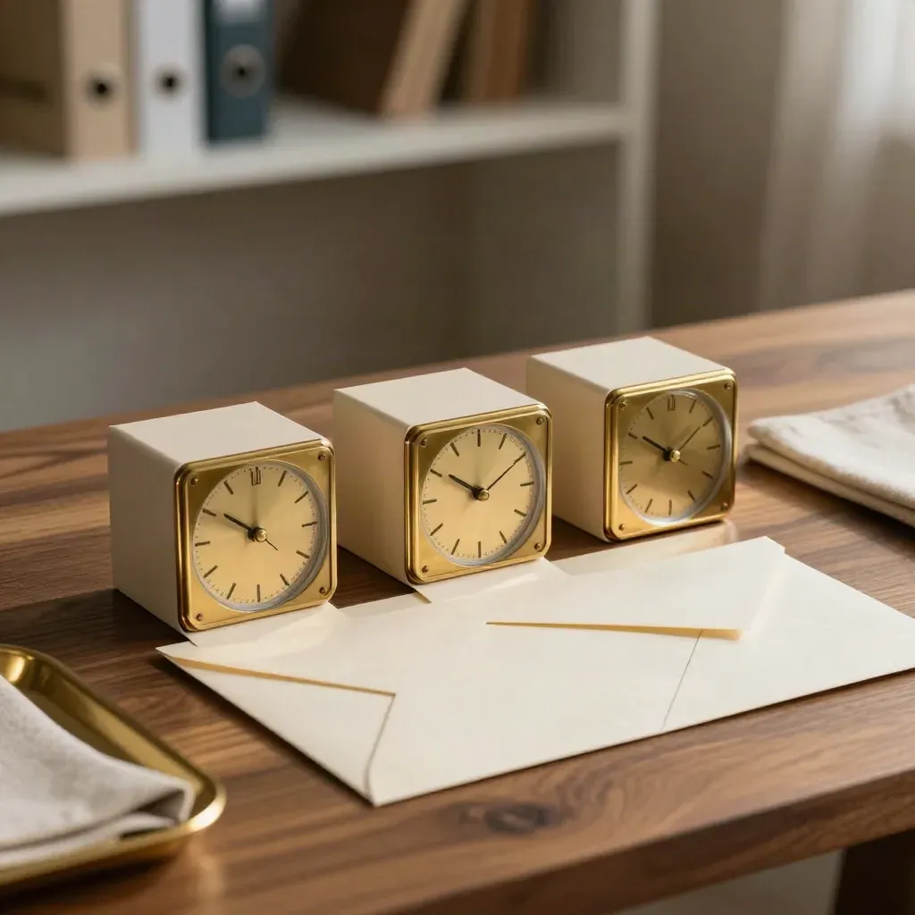 Brass clocks, calendar cubes, and invitation envelopes settling on walnut in warm sidelight.
