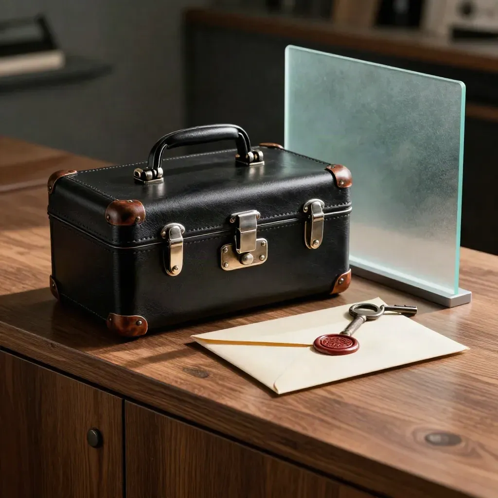 Black leather executive search case beside a wax-sealed envelope and key on a walnut ledge.