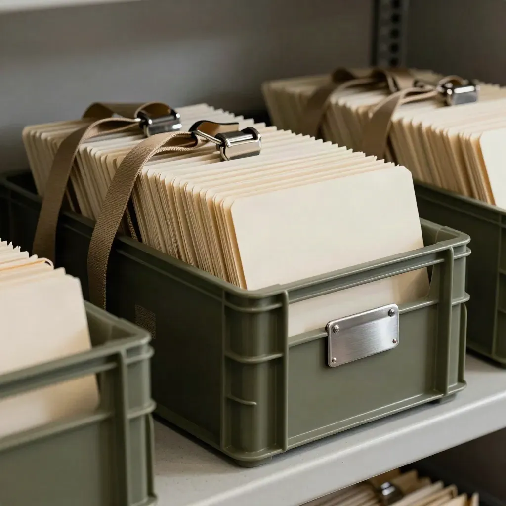 Macro of staffing kits in nesting crates with folders and lanyards