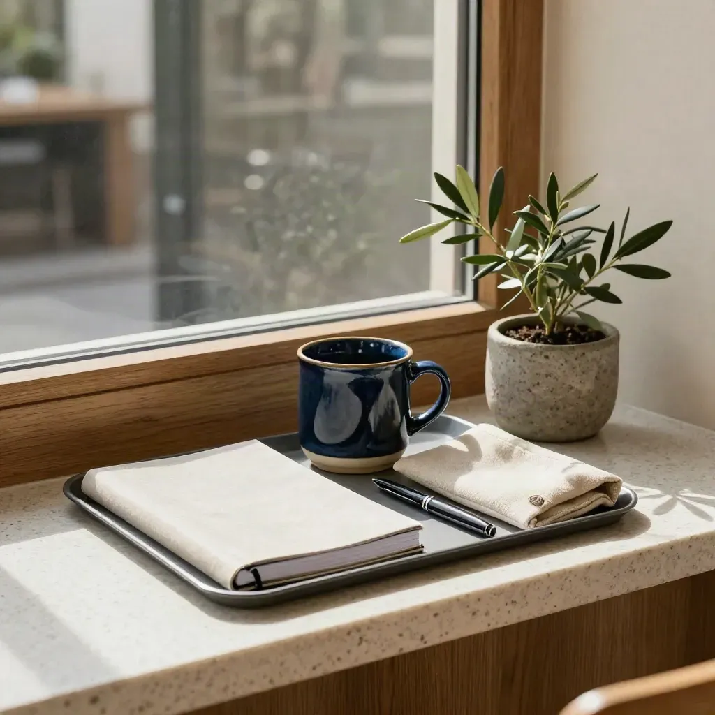Onboarding welcome kit tray with notebook, mug, pouch, pen and plant on travertine