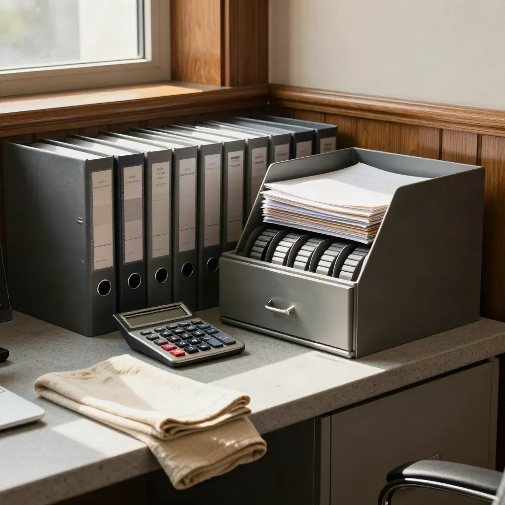 Finance binders, calculator cradle, file trays and a closed cash drawer in a warm office alcove.