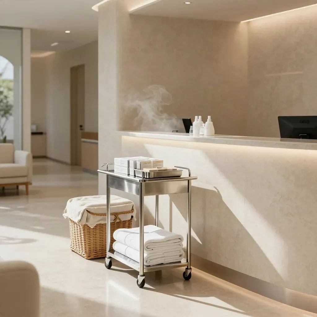 Empty clinic reception with linen baskets, stainless trolley, and a glowing counter in hazy morning light.