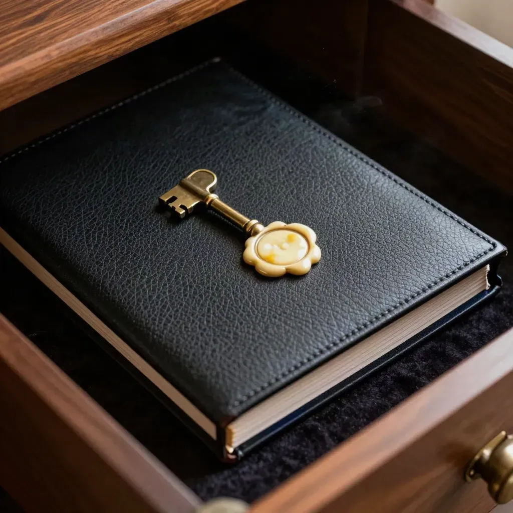 Locked black dossier case, wax seal stamp, key, and velvet tray in a dim archive drawer.