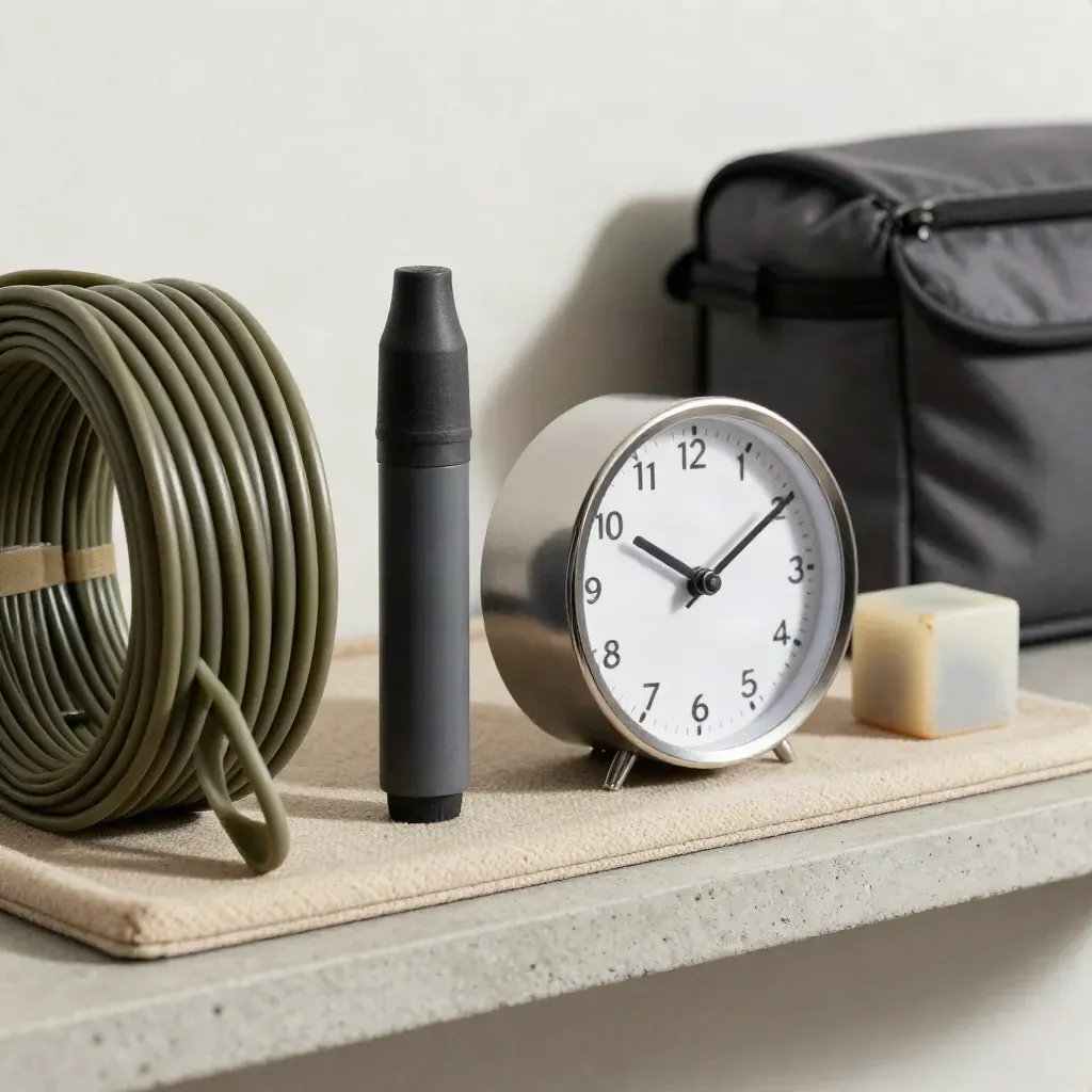 Macro still life of cable ties, marker, timing cube, and a compact clock on a concrete shelf.