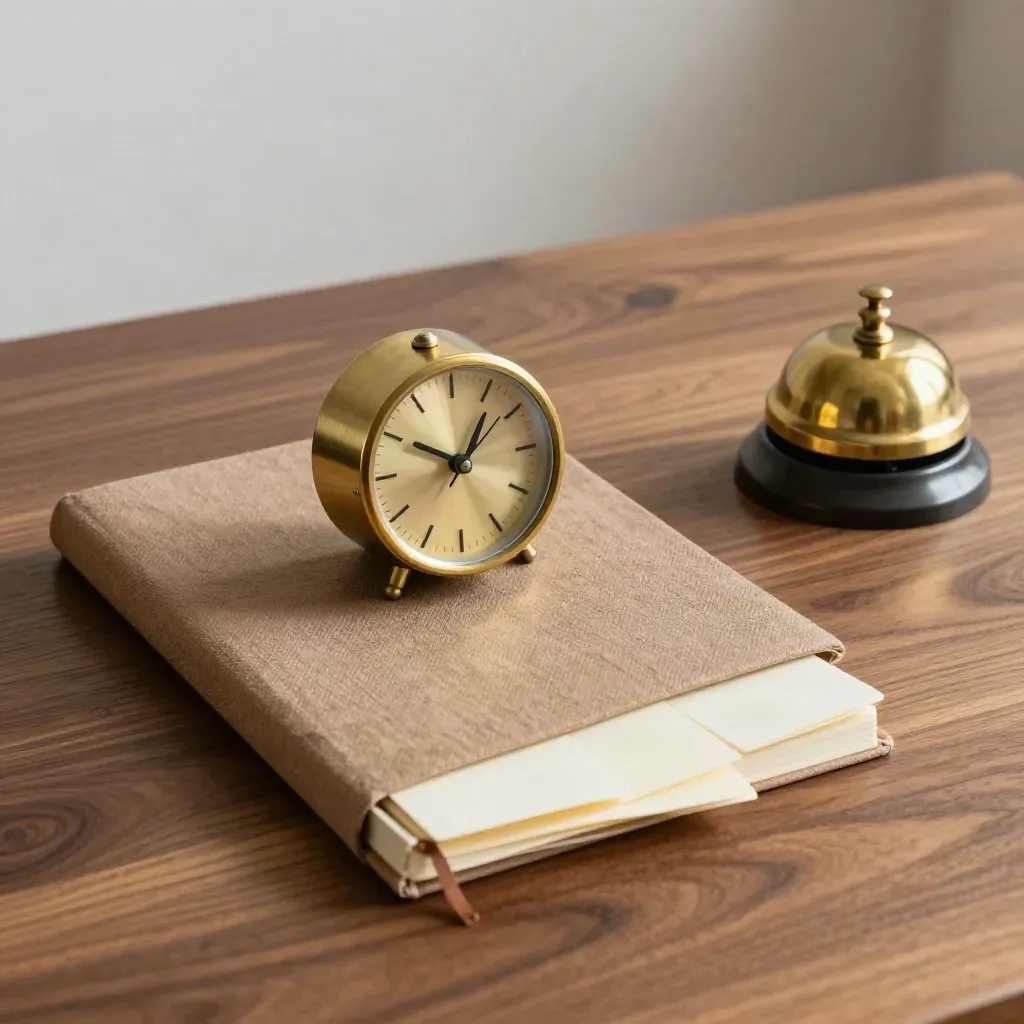 Brass timer, brief notebook, index cards and desk bell on walnut in soft daylight.