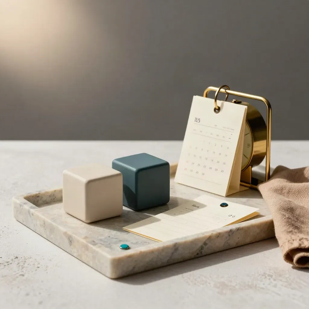 Stone tray with calendar cubes, brass clock, and clipped appointment slips on a pale plaster surface.