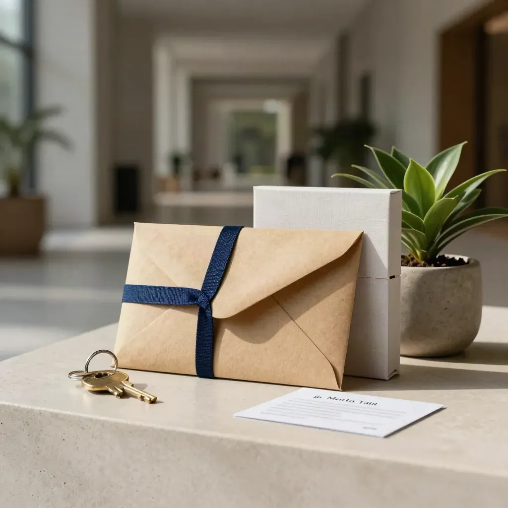 Offer envelope, key ring, starter box, and plant on a plaster plinth in soft dawn light.