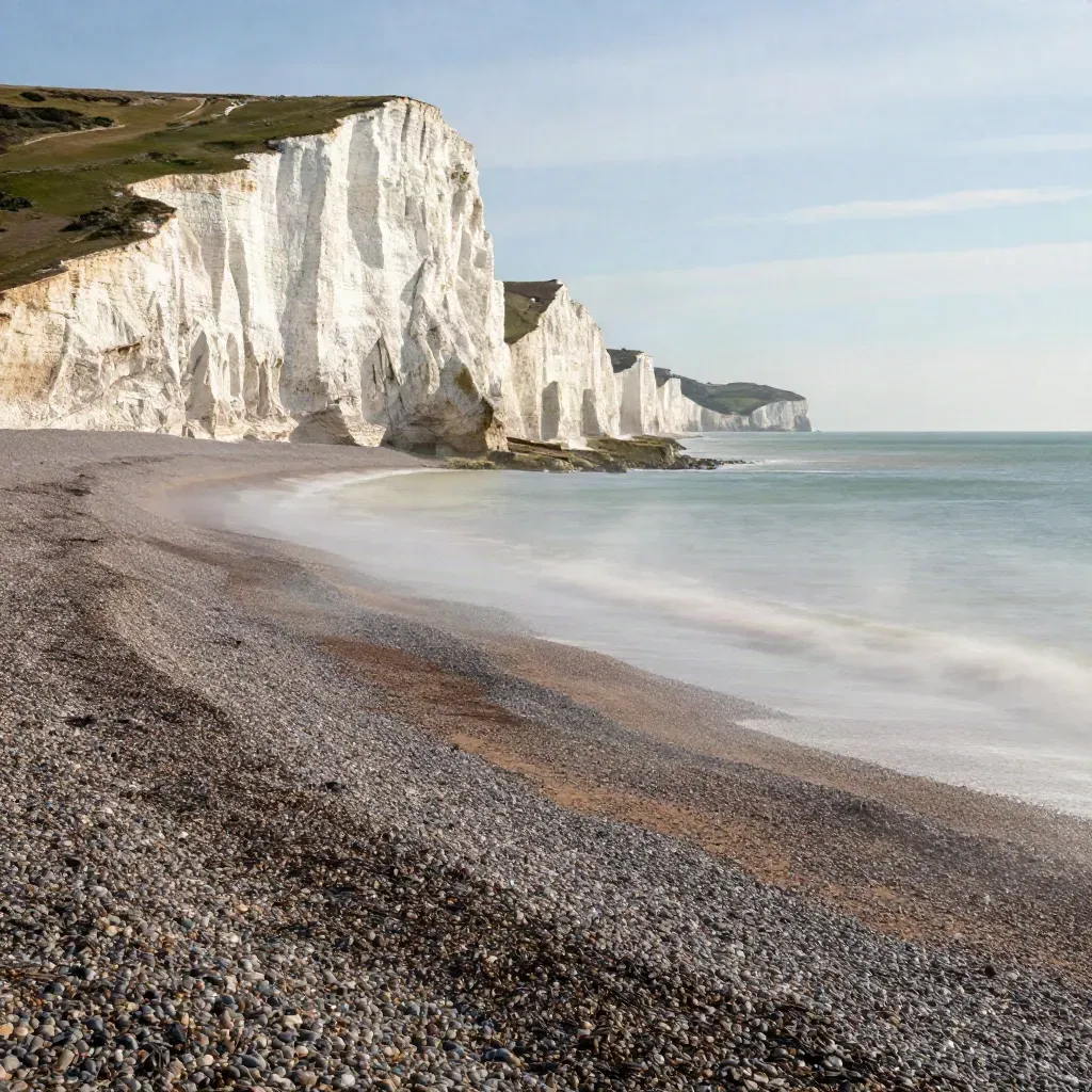 White chalk cliffs above a misty shingle beach with a calm teal sea line.