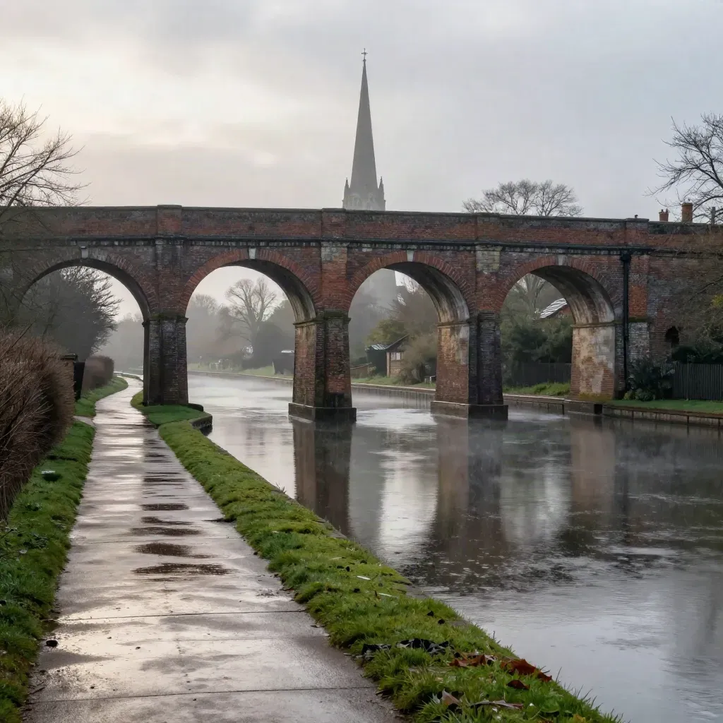 Rain-washed Midlands canal basin with brick viaduct, spire and misty calm foreground.